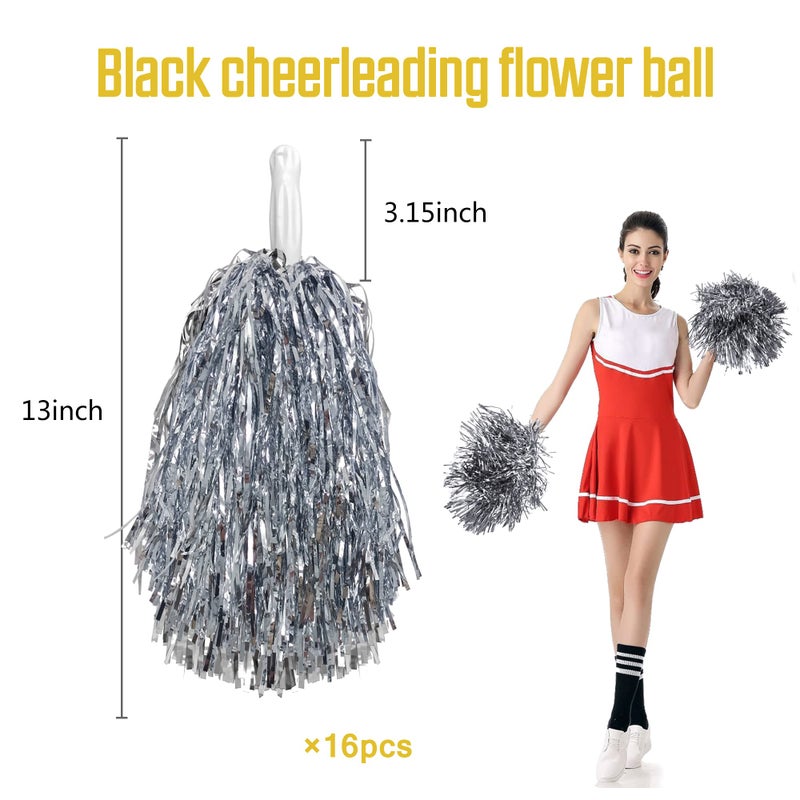PPXMEEUDC 16PCS Cheerleading Pom Poms Metallic Foil Plastic Pom Poms with Baton Handle for Game Sports Squads Dancing Party Football Basketball Club Spirit Sports Stage Performance Celebration (Silver) - Image 2